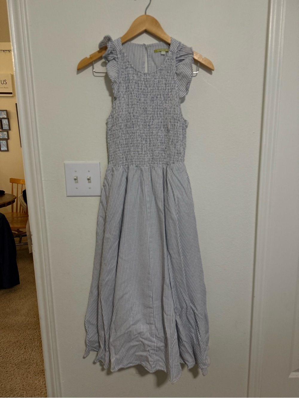 Gianni Bini Light Blue Striped Smocked Ruffle Strap Maxi Dress
